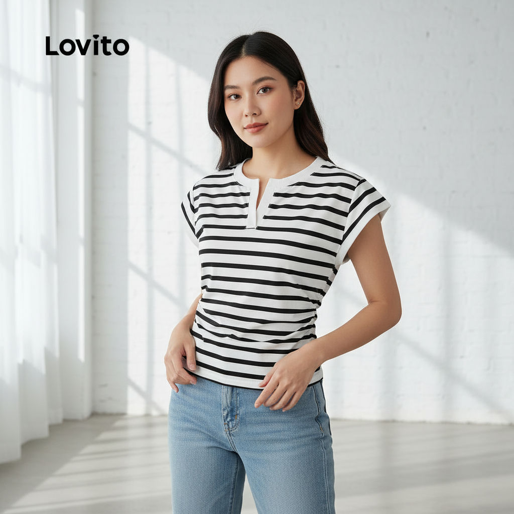 Lovito Blusa Feminina Casual Listrada Franzida LNE46342 em Oferta na Shopee