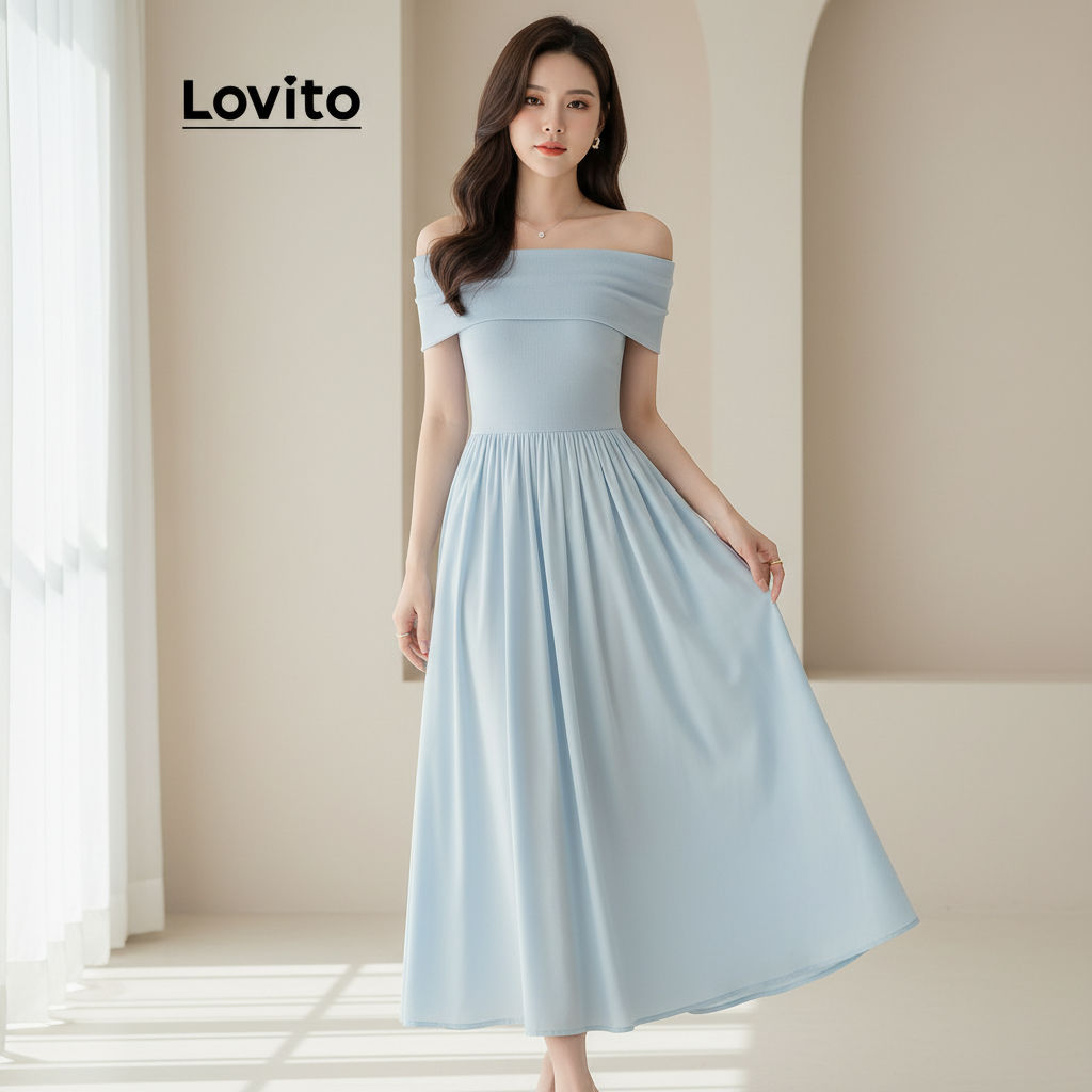 Lovito Vestido Sofisticado De Tecido Liso Com Costura Em Ombro Frio Para Mulheres L100MD428 em Oferta na Shopee