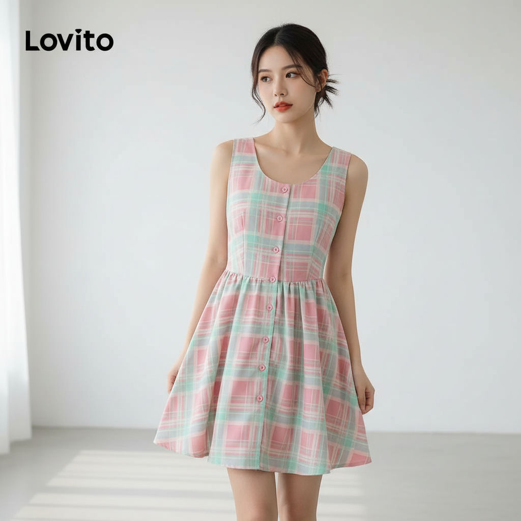 Lovito Vestido Casual Xadrez Drapeado Com Botões Para Mulheres Verão Primavera L133AD514 em Oferta na Shopee