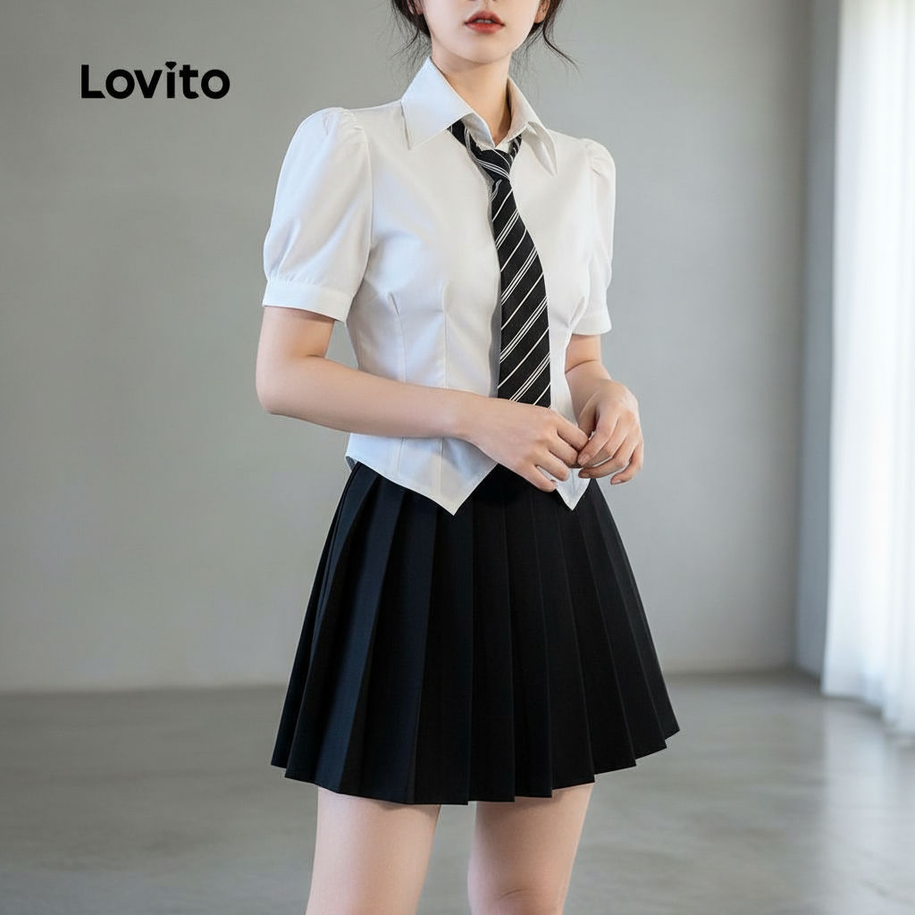 Lovito Blusa Feminina Casual Com Botões Lisa Y2K Manga Bufante L52AD035 (Branco)