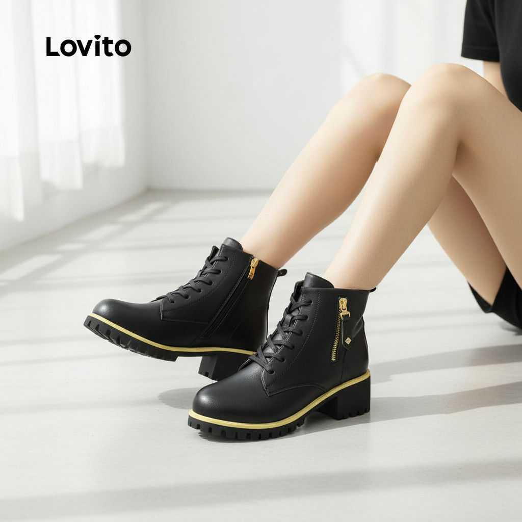 Lovito Botas Casuais de Plataforma Martins Curtas Pretas para Todas As Estações LFA85033 em Oferta na Shopee