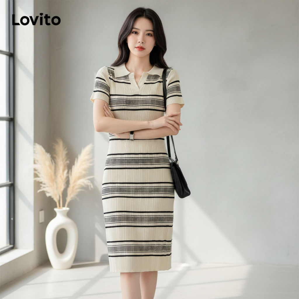 Lovito Refine Vestido Feminino Listrado com Gola Polo para Verão/Primavera LNA19061 (Preto)