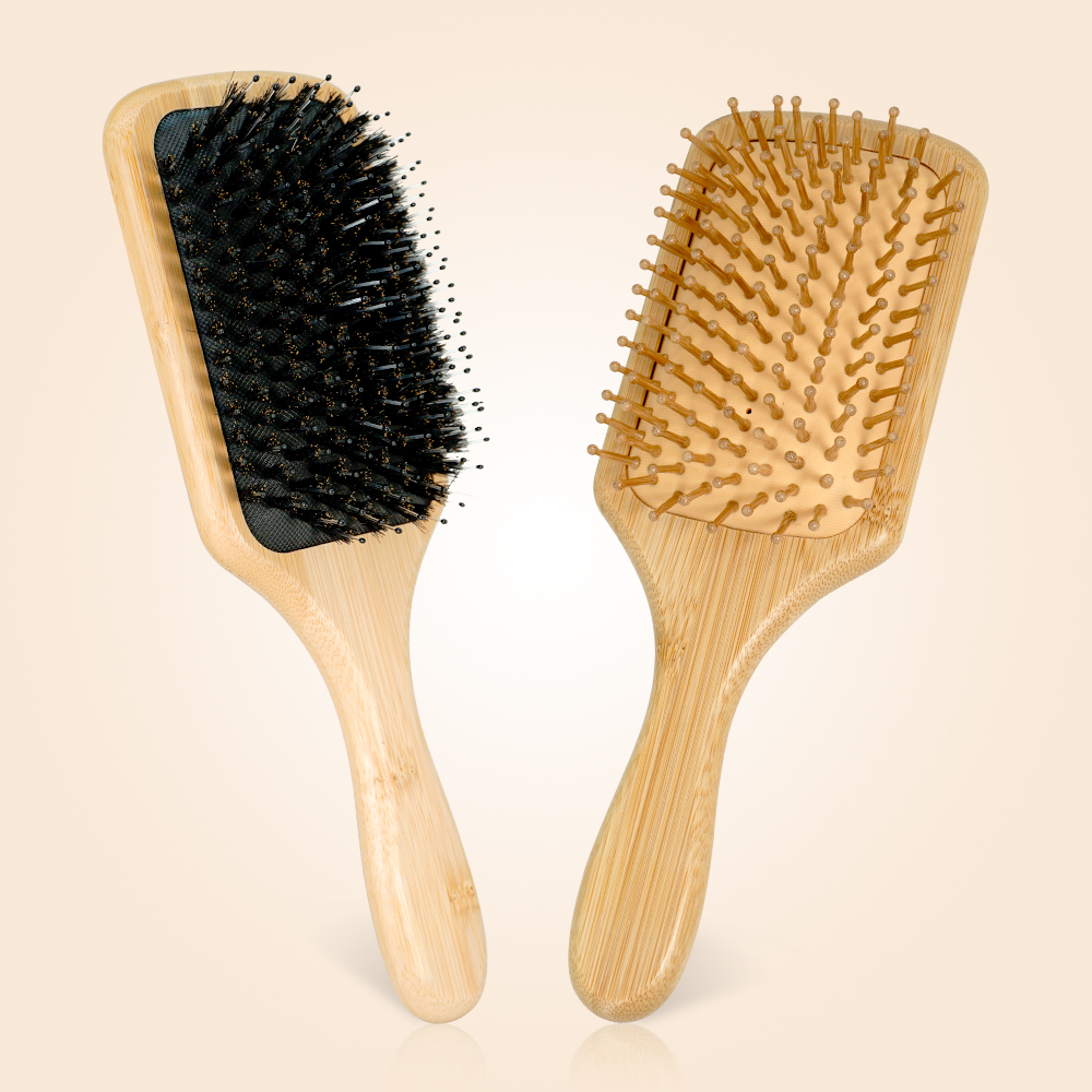 Conjunto de Escova de Cabelo de Bambu – Massageador de Couro Cabeludo e Ferramenta Desembaraçadora para Crescimento de