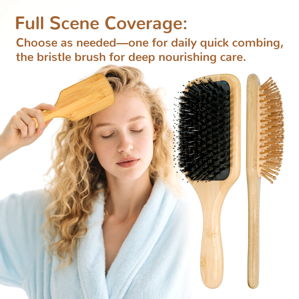 Conjunto de Escova de Cabelo de Bambu – Massageador de Couro Cabeludo e Ferramenta Desembaraçadora para Crescimento de
