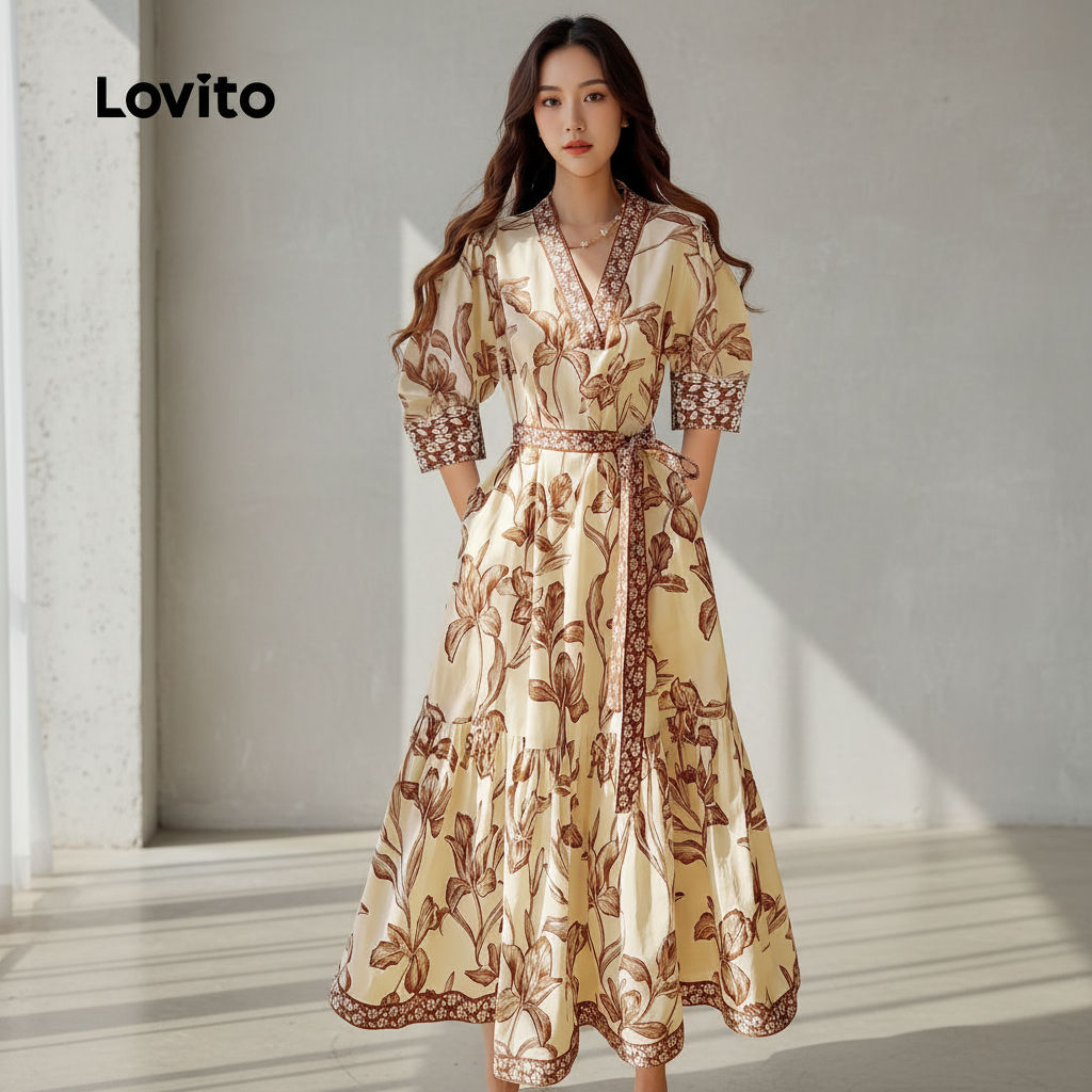 Lovito Refine Vestido Estampado Floral Com Cinto Costura Verão Primavera Marrom Feminino LBL25104 em Oferta na Shopee