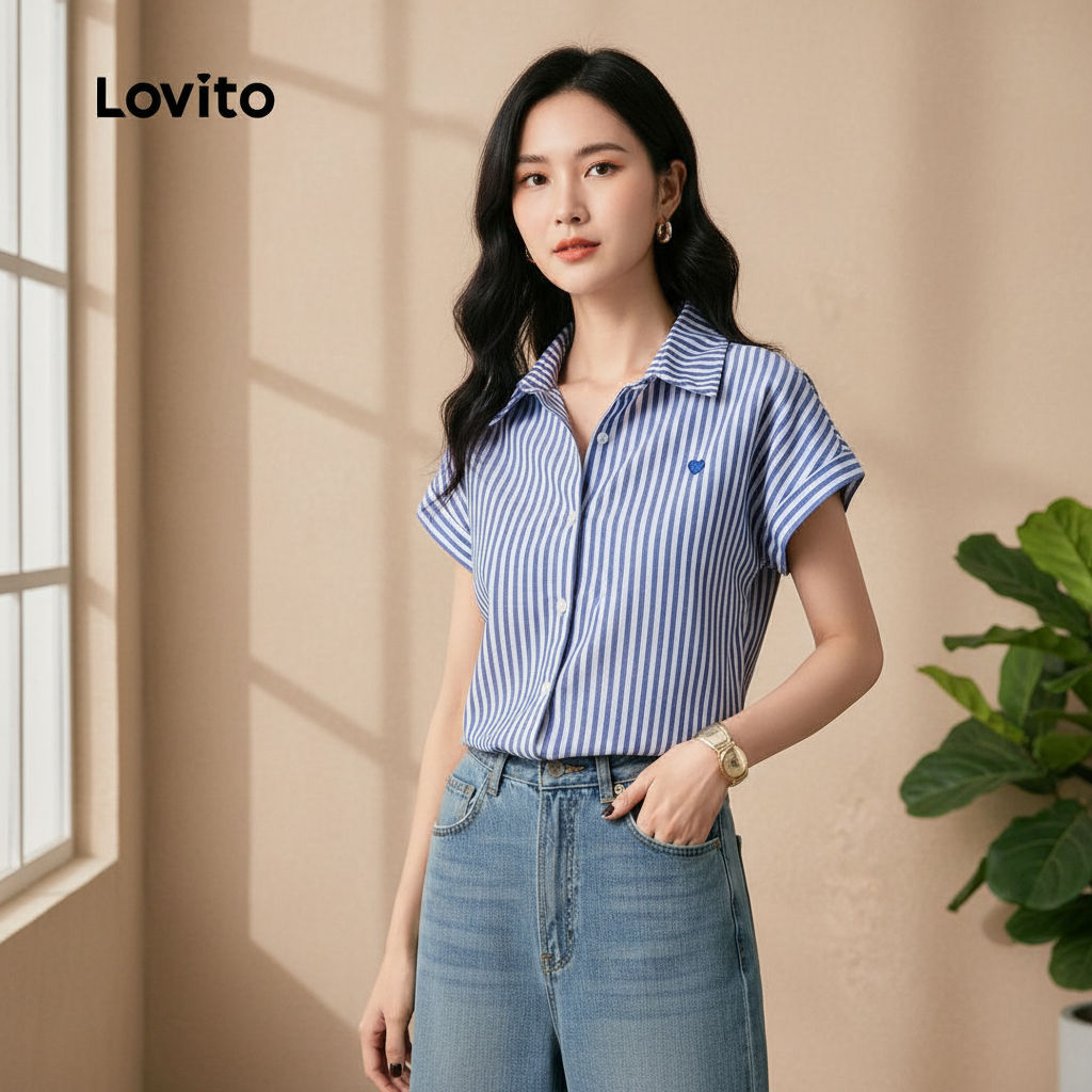 Lovito Blusa feminina listrada com botões decorados L123ED685 em Oferta na Shopee