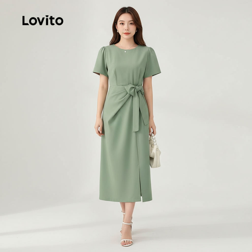 Lovito Vestido feminino simples com laço L128ED187 em Oferta na Shopee