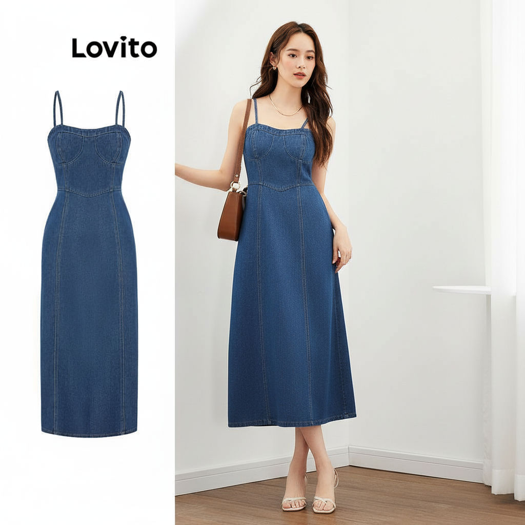 Lovito Refine Vestido Casual Jeans Liso Alça Espaguete Midi Evasê Feminino L47ED150 (Azul) em Oferta na Shopee