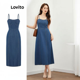 Lovito Refine Vestido Casual Jeans Liso Alça Espaguete Midi Evasê Feminino L47ED150 (Azul) em Oferta na Shopee