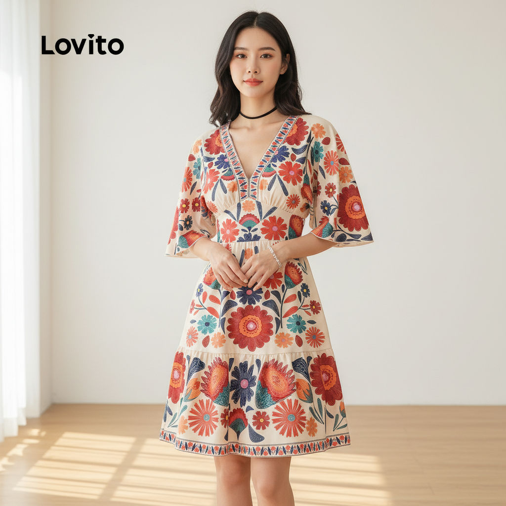 Lovito Vestido Feminino Boho Estampado Multicolor Primavera Verão L135ED250 em Oferta na Shopee