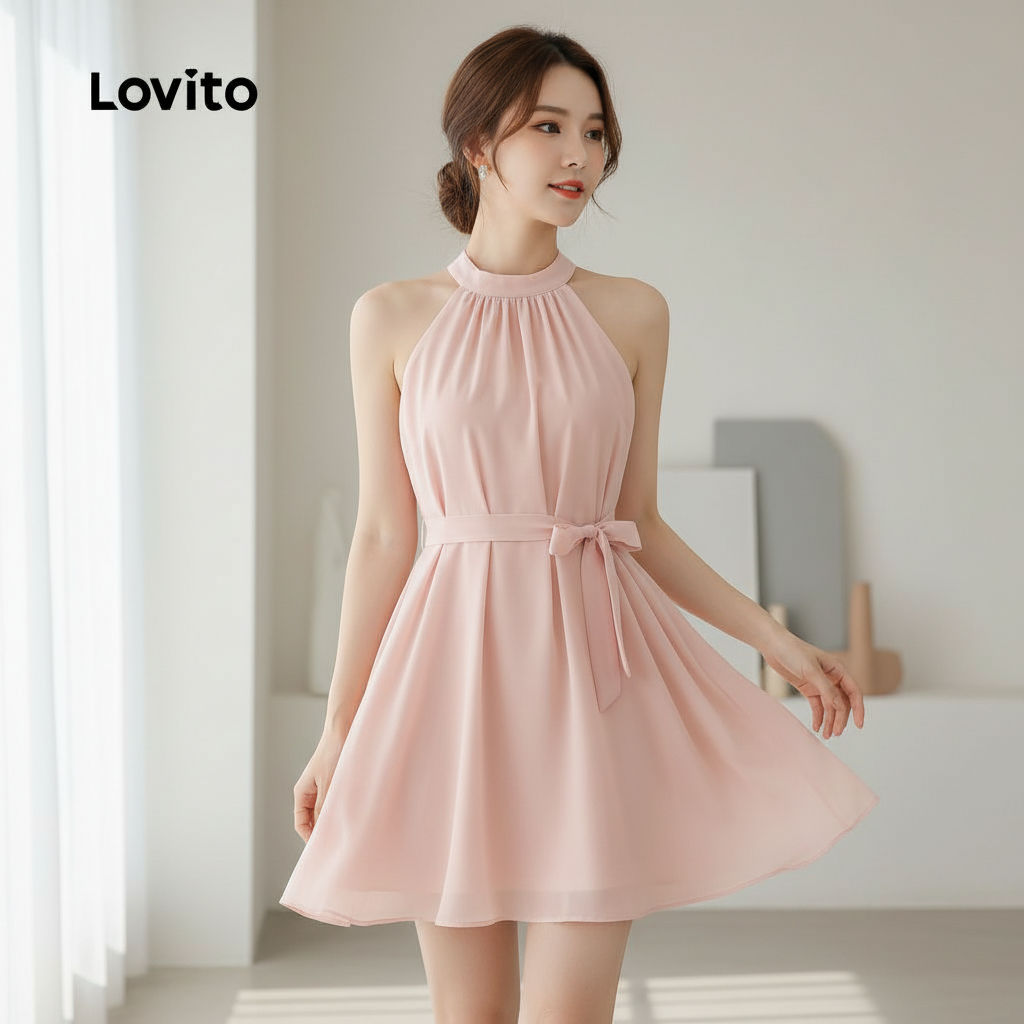 Lovito Refine Vestido Casual Feminino Com Amarração E Laço Drapeado Para Verão/Primavera L129AD1050 em Oferta na Shopee