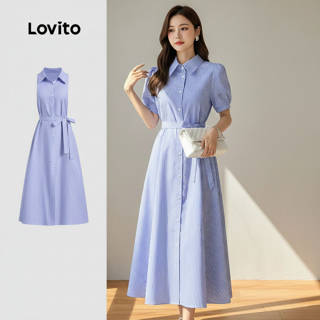 Lovito Vestido Feminino Casual Azul para Primavera Verão com Cinto e Botões Textura Suave L137LD402 em Oferta na Shopee