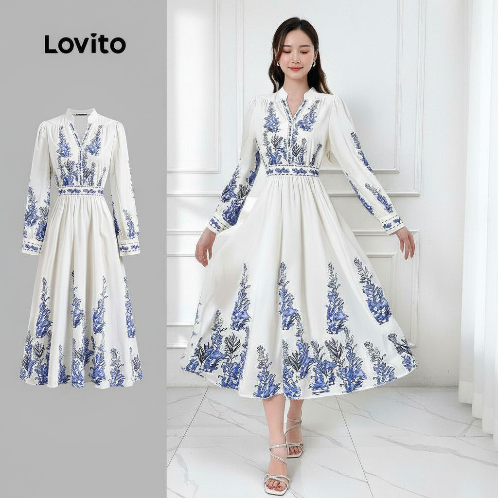 Lovito Vestido feminino sofisticado com estampa floral e acabamento em tecido LBL23626 em Oferta na Shopee