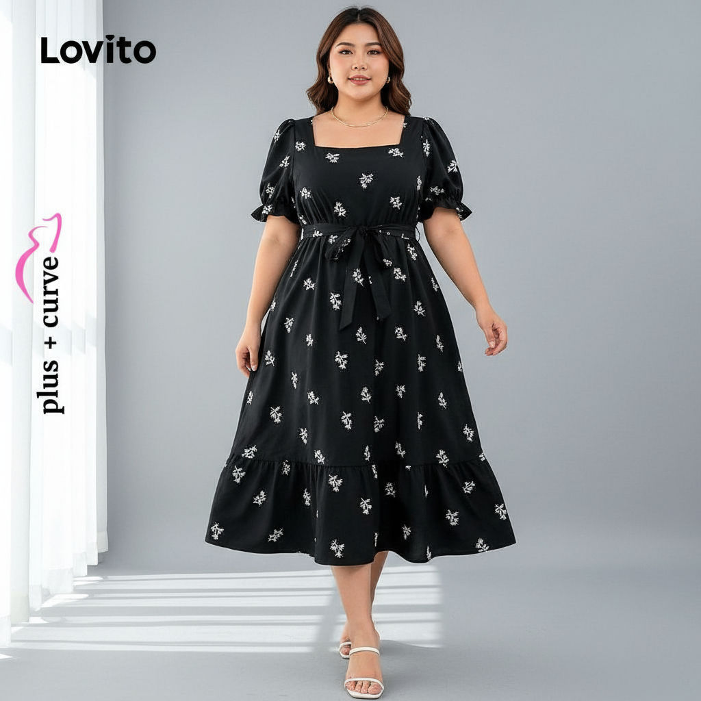 Lovito Vestido Casual Primavera Verão Vestido Preto Feminino LK2LD153