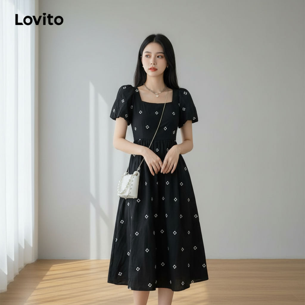 Lovito Vestido Feminino Casual Floral Manga Bufante Gola Quadrada Para Verão Primavera LNA05105