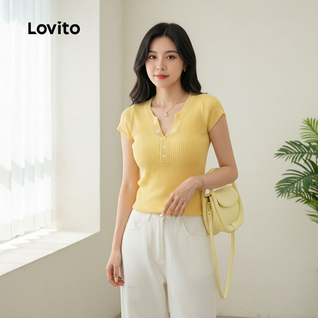 Lovito Blusa Feminina Casual de Algodão com Botões Amarela para Primavera/Verão L155ED040 em Oferta na Shopee
