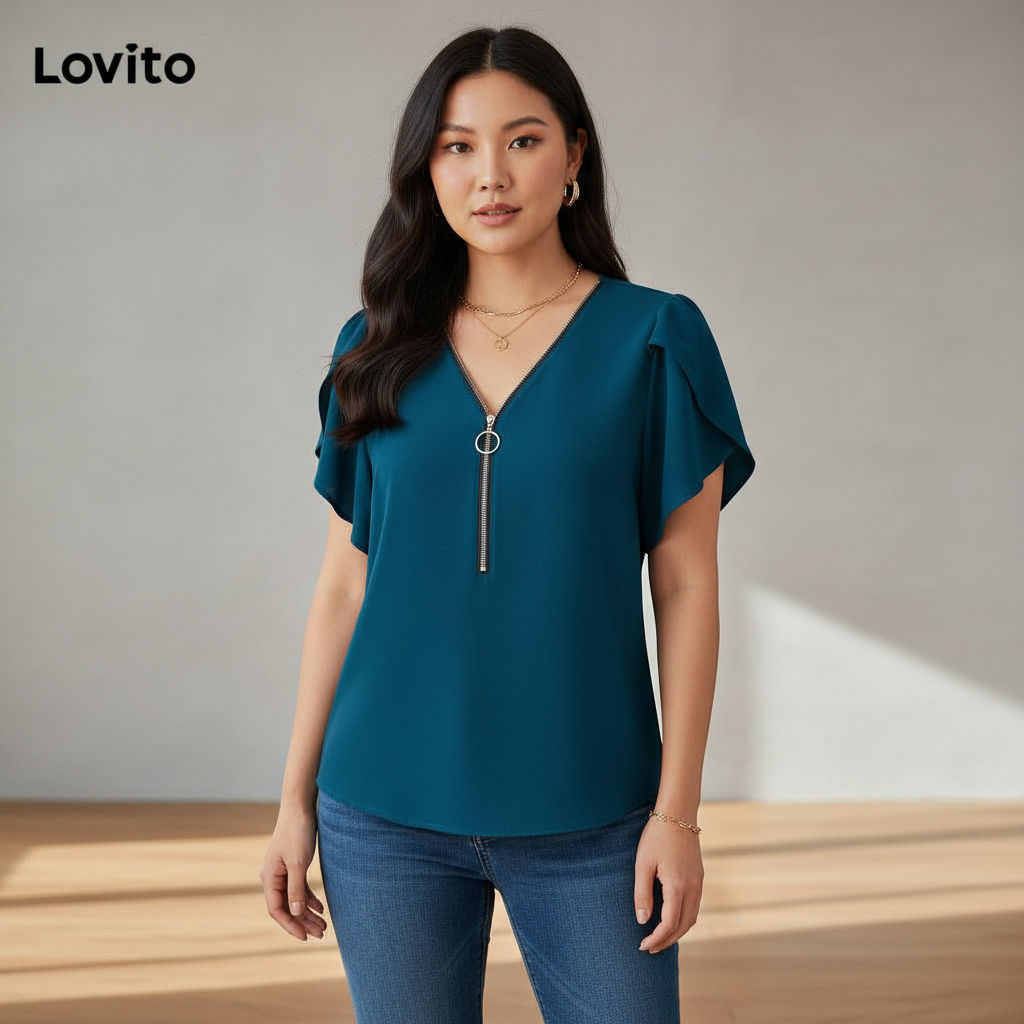 Lovito Blusa Feminina Elegante Plus Size Com Zíper Para Verão E Primavera LBL20142