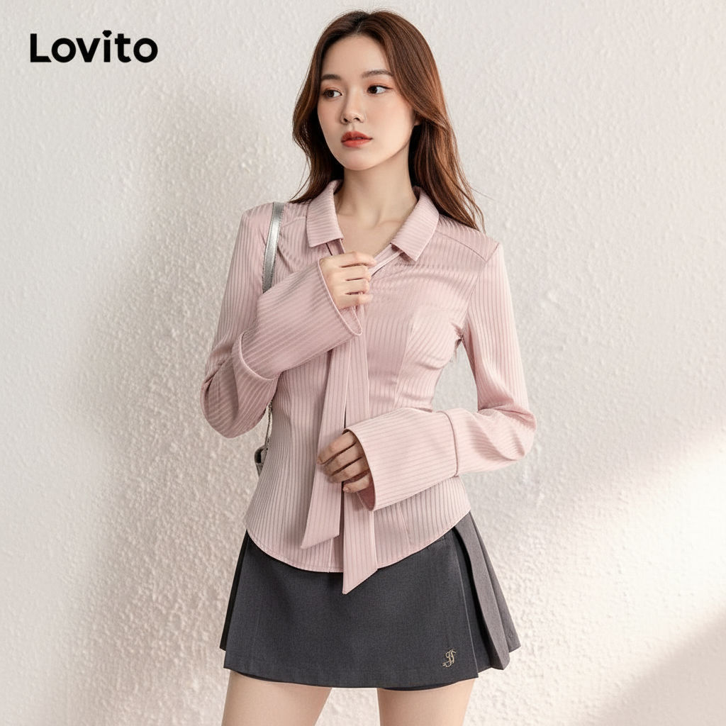 Lovito Blusa Feminina Listrada Com Botões Frontais E Bolso Decorativo LNE42102 (Multicolorido)