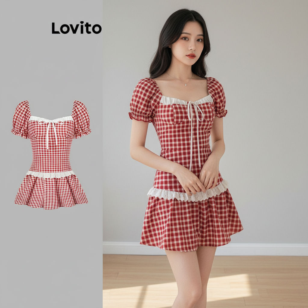 Lovito Refine Vestido Xadrez Com Babados E Decote Em Laço Drapeado Manga Bufante Feminino L114AD416 em Oferta na Shopee
