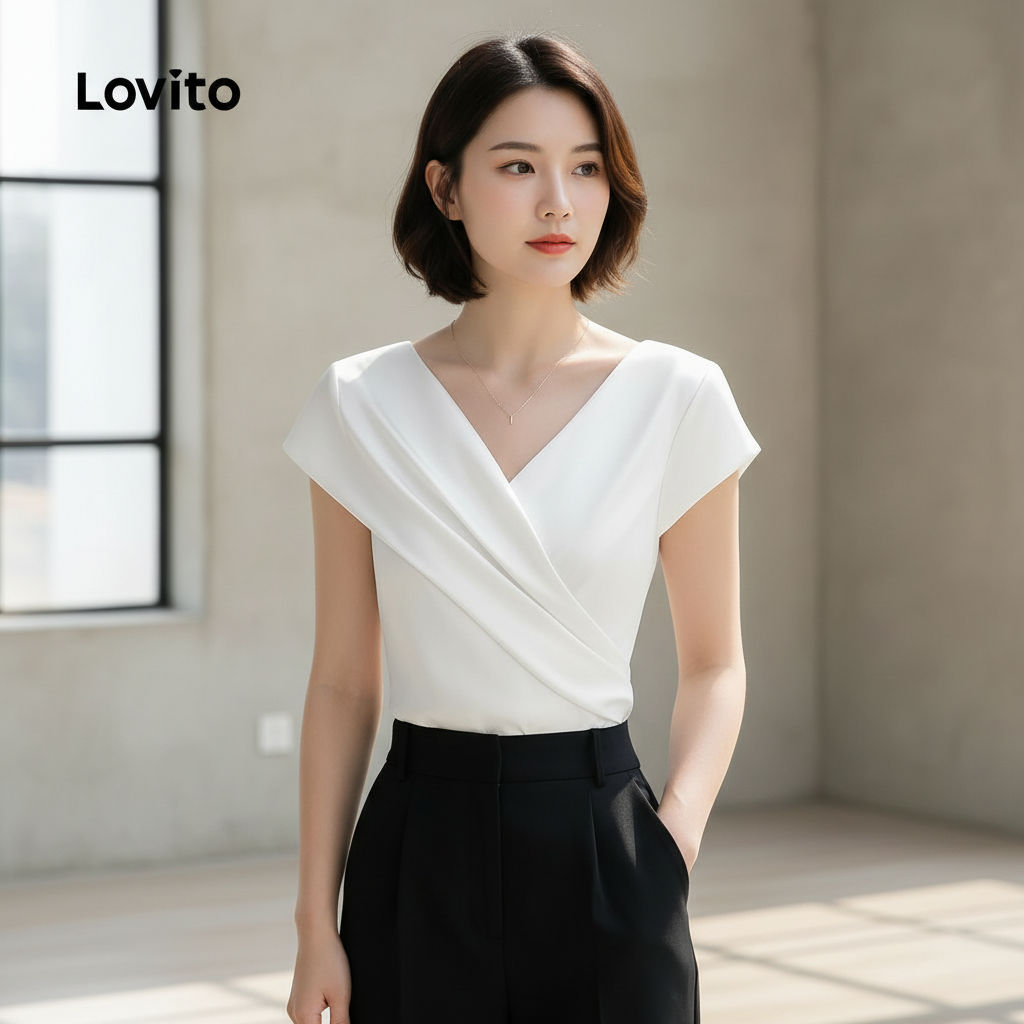 Lovito Refine Blusa Casual Feminina com Pregas para Primavera/verão Branca L154ED442 em Oferta na Shopee