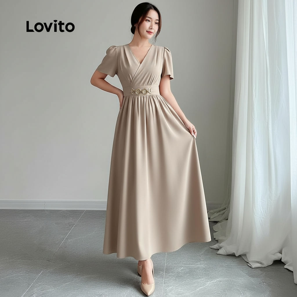 Lovito Vestido Feminino Casual Cáqui Zíper Natal Festa Primavera Verão L152LD050