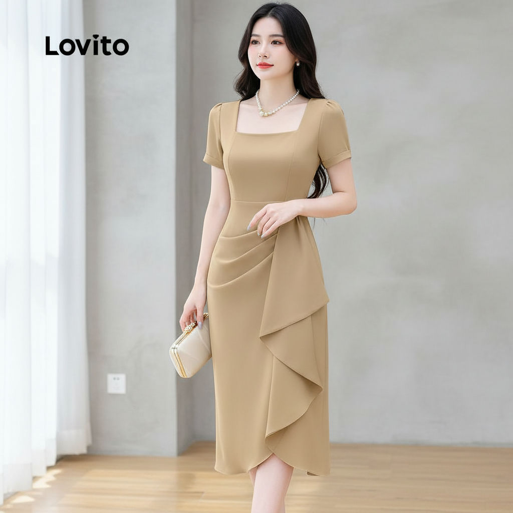 Lovito Refine Vestido Elegante Assimétrico para Mulheres Primavera/verão Caqui L164LD027 em Oferta na Shopee