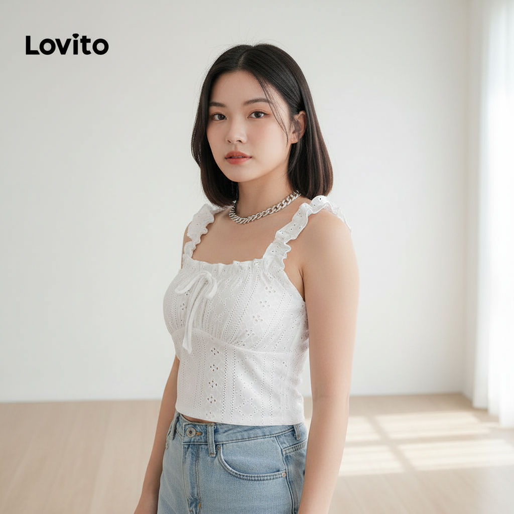 Lovito Blusa Boho Lisa em Jacquard com Laço para Mulheres L99ED631