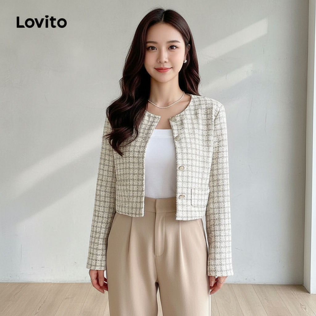 Lovito Casaco Feminino Clássico Xadrez Com Botões E Detalhes De Pérolas L101AD091 em Oferta na Shopee
