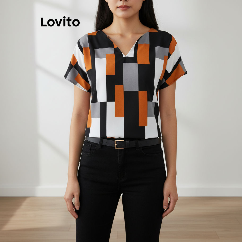 Lovito Blusa sofisticada lisa com estampa geométrica feminina LBL16347 em Oferta na Shopee