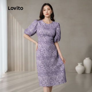 Lovito Refine Vestido com Pregas e Manga Bufante, Estampa Colorida Roxa, Primavera/Verão para Mulheres LBR25LD325 em Oferta na Shopee