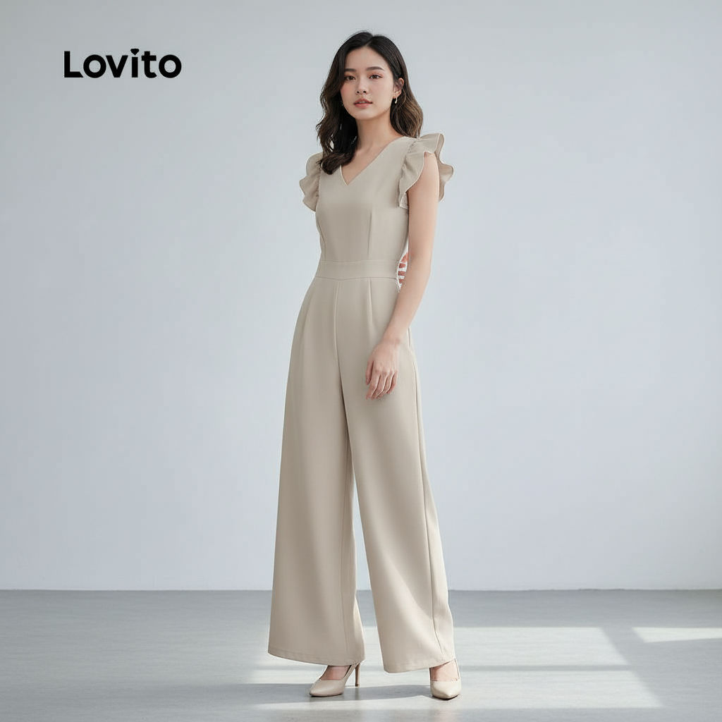 Lovito Macacão Feminino Casual com Babados Botões Costas Sem Mangas Primavera Verão Caqui L142ED099 em Oferta na Shopee