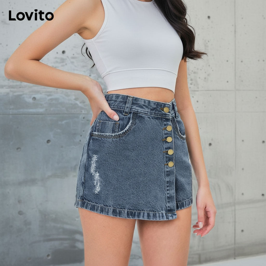 Lovito Shorts Jeans Feminino Casual Lavado Assimétrico com Spikes LBL05230 (Azul) em Oferta na Shopee