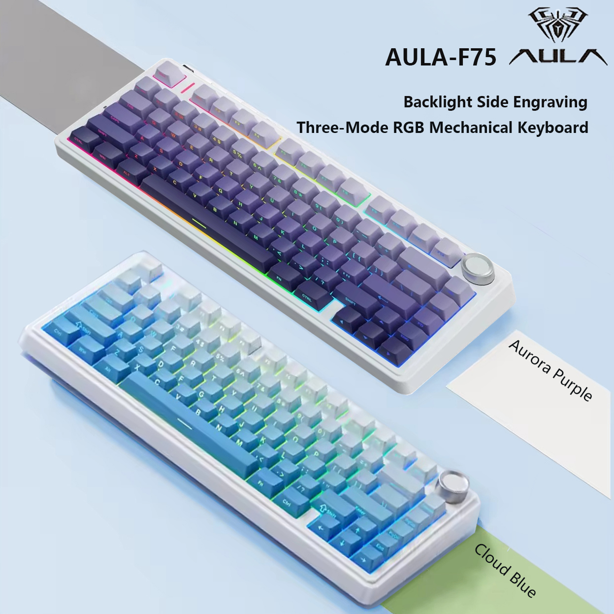 Teclado de Jogos Aula F75 Tri Mode 75% com Junta, Troca Quente de Todas as Teclas, RGB, Controle Remoto, Sem Fio