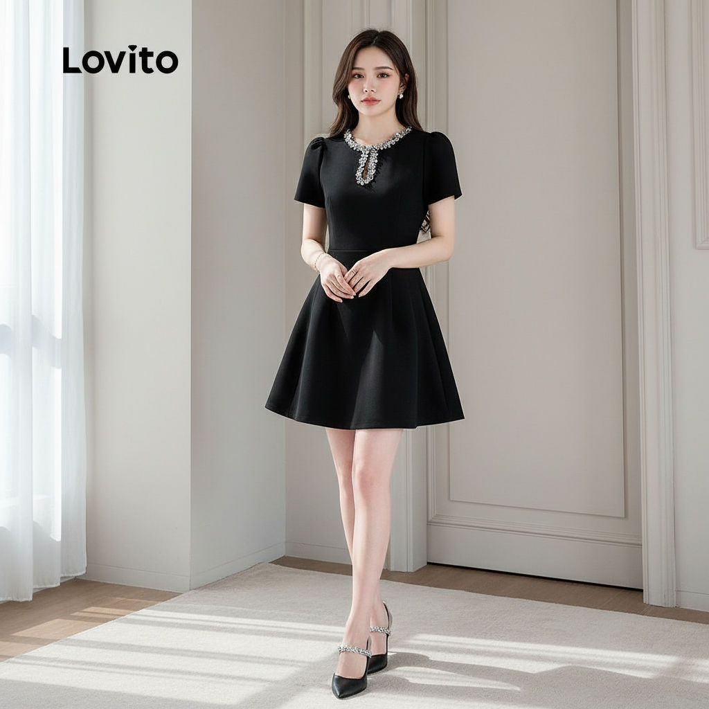 Lovito Refine Vestido Preto com Lantejoulas para Mulheres Primavera/Verão L165ED312 em Oferta na Shopee
