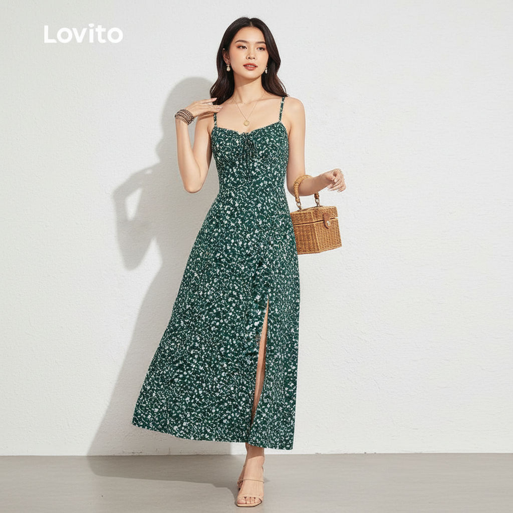 Lovito Vestido Boho para Mulheres em Verde, Primavera/Verão LBL30257