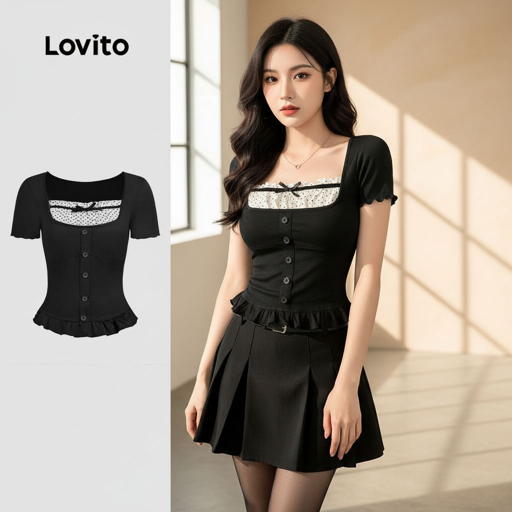 Lovito Camisa Casual 2 em 1 com Laço Contrastante e Faixa para Verão Camiseta preta L139AD016 em Oferta na Shopee