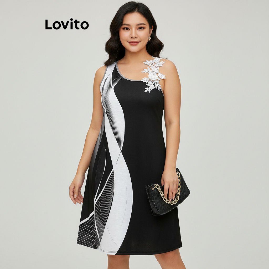 Lovito Vestido Feminino Plus Size Babados Estampa Geométrica Casual Curva LBL21083 em Oferta na Shopee