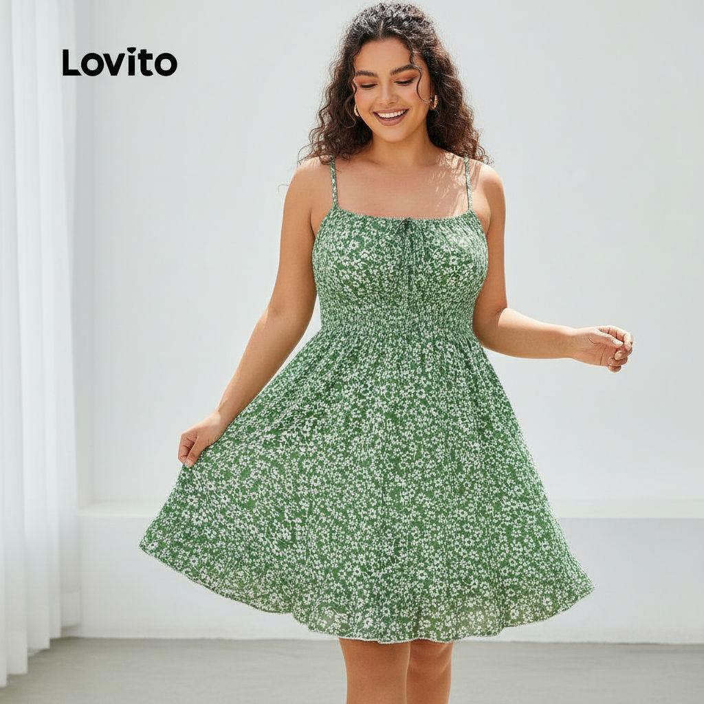 Lovito Vestido Feminino Boho Curve Plus Size Com Babados Florais E Vestido De Verão Primavera LBL24578 em Oferta na Shopee