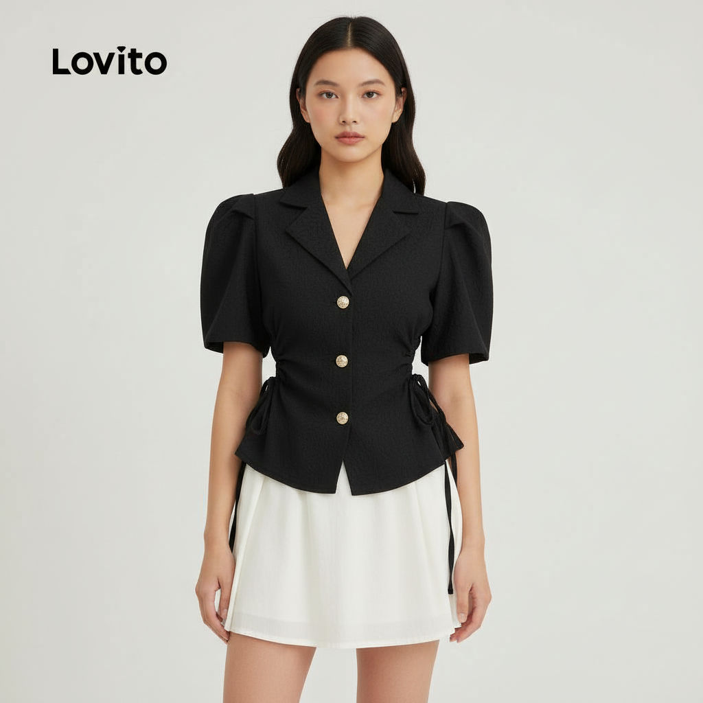 Lovito Blusa Sofisticada em Renda com Botão e Amarração Primavera/Verão Preta para Mulheres L142LD188