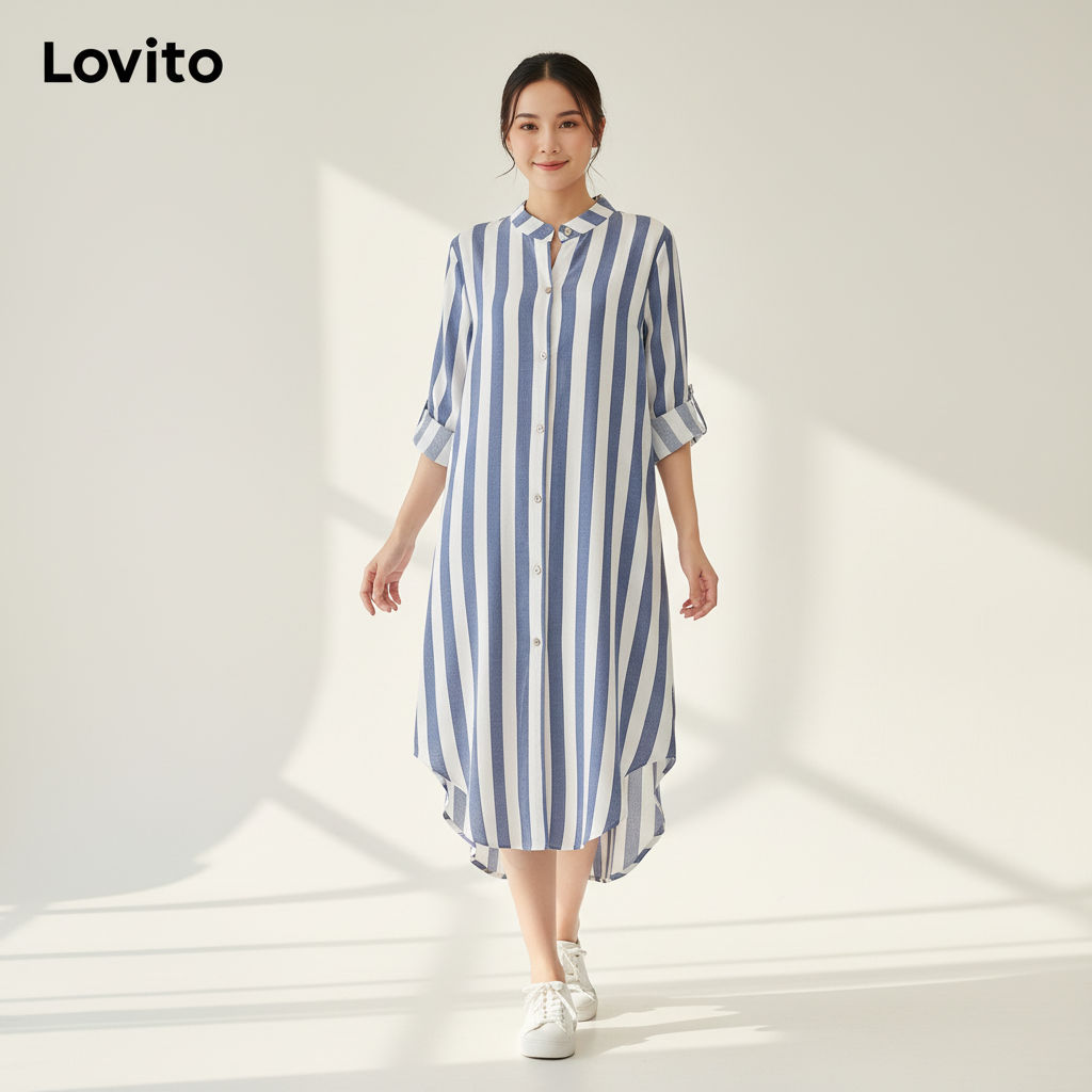 Lovito Vestido Feminino Casual Listrado Estampado LNL83190 em Oferta na Shopee