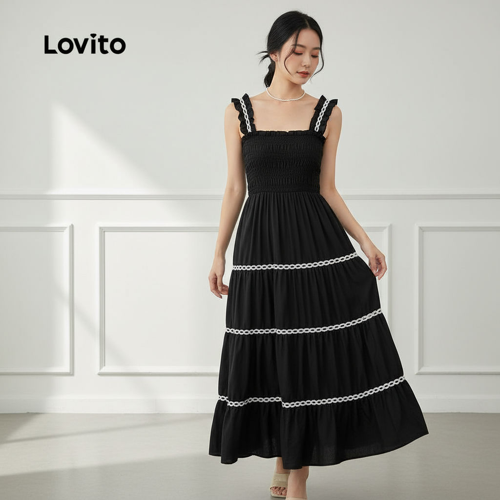 Lovito Vestido Boho com Babados Fita de Contraste Franzido Textura Suave Primavera/verão Vestido preto L138ED459