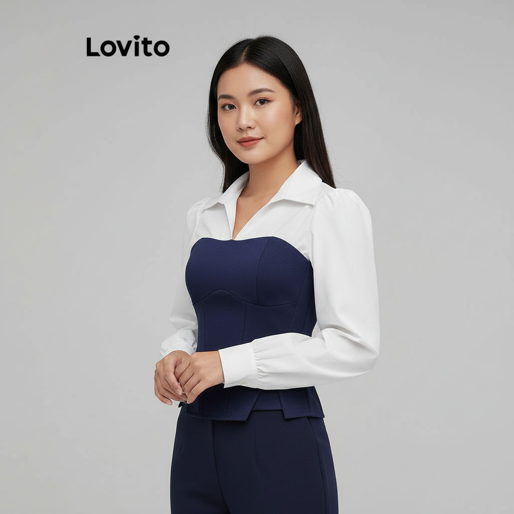 Lovito Camisa Casual Feminina Em Tecido Liso Com Detalhes de Costura L110AD225 em Oferta na Shopee