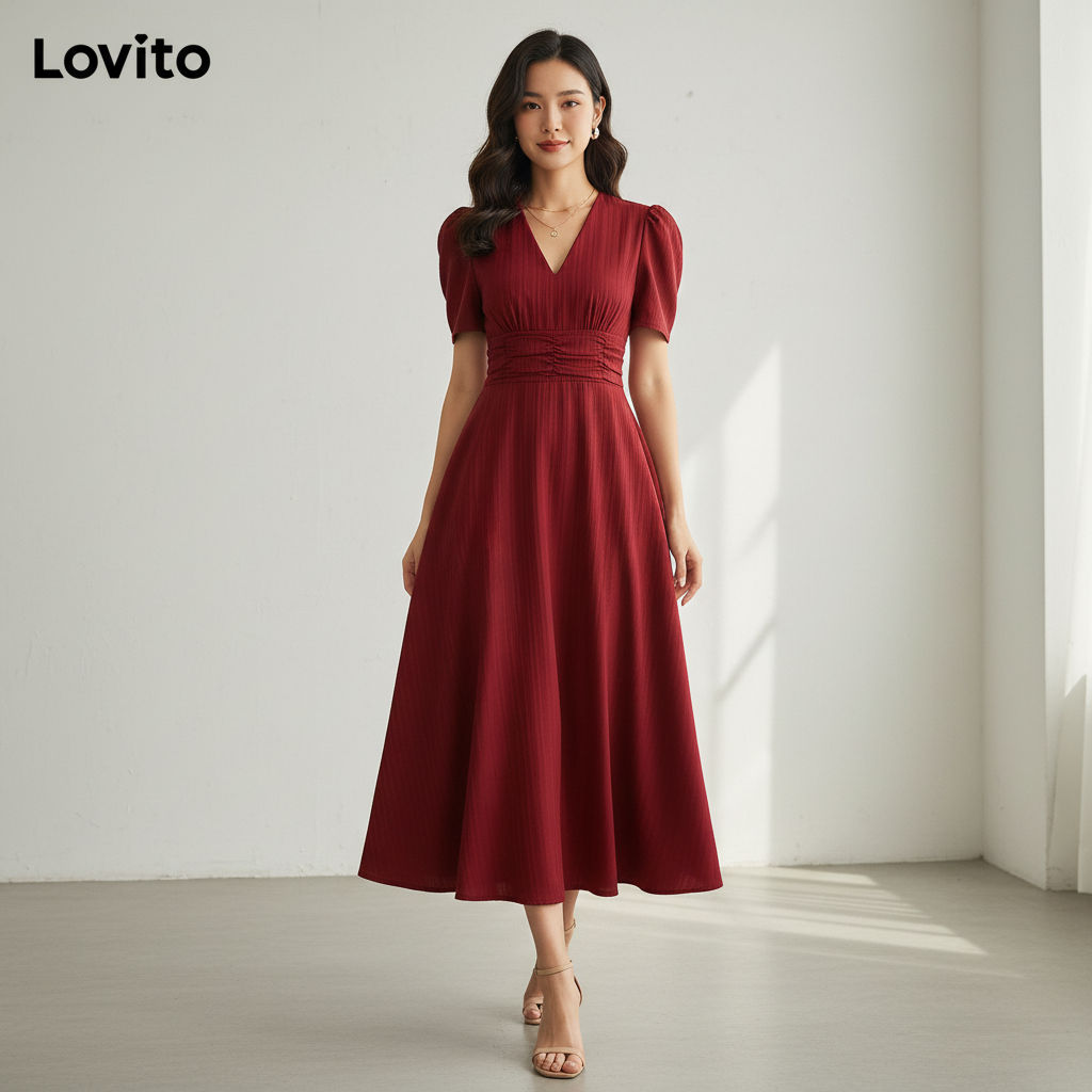 Lovito Vestido Elegante Liso Franzido Feminino LNL71064