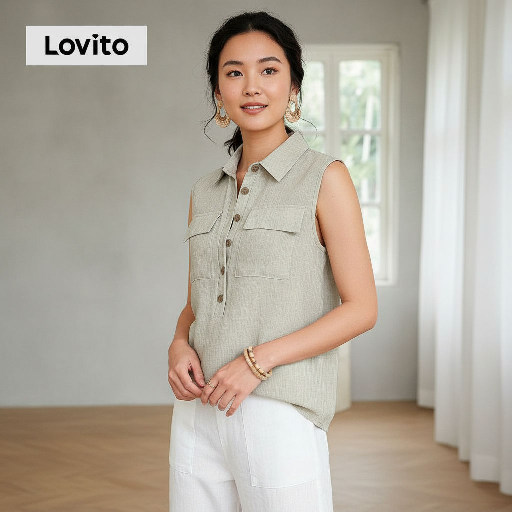 Lovito Blusa Casual de Damasco para Mulheres com Bolso Primavera/Verão LBL31006