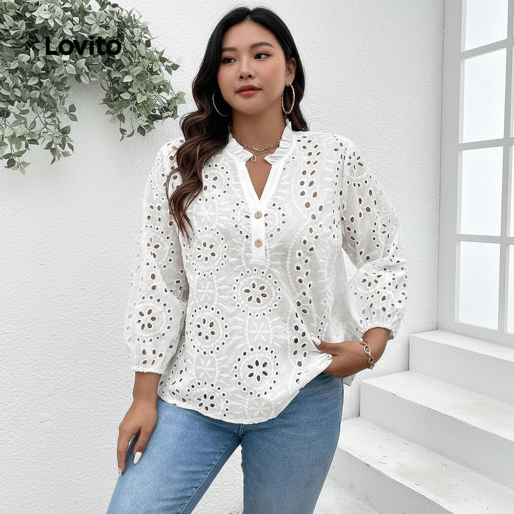 Lovito Blusa Feminina Boho Plus Size Com Bordados E Botões Para Verão Primavera LBL22272 em Oferta na Shopee