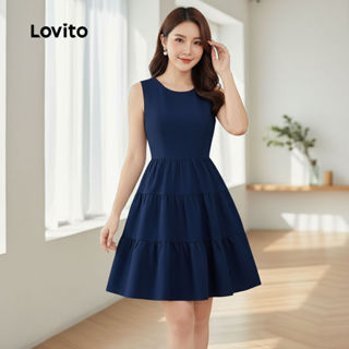 Lovito Vestido Encantador com Laço e Camadas Azul Escuro Para Mulheres L155AD252 em Oferta na Shopee