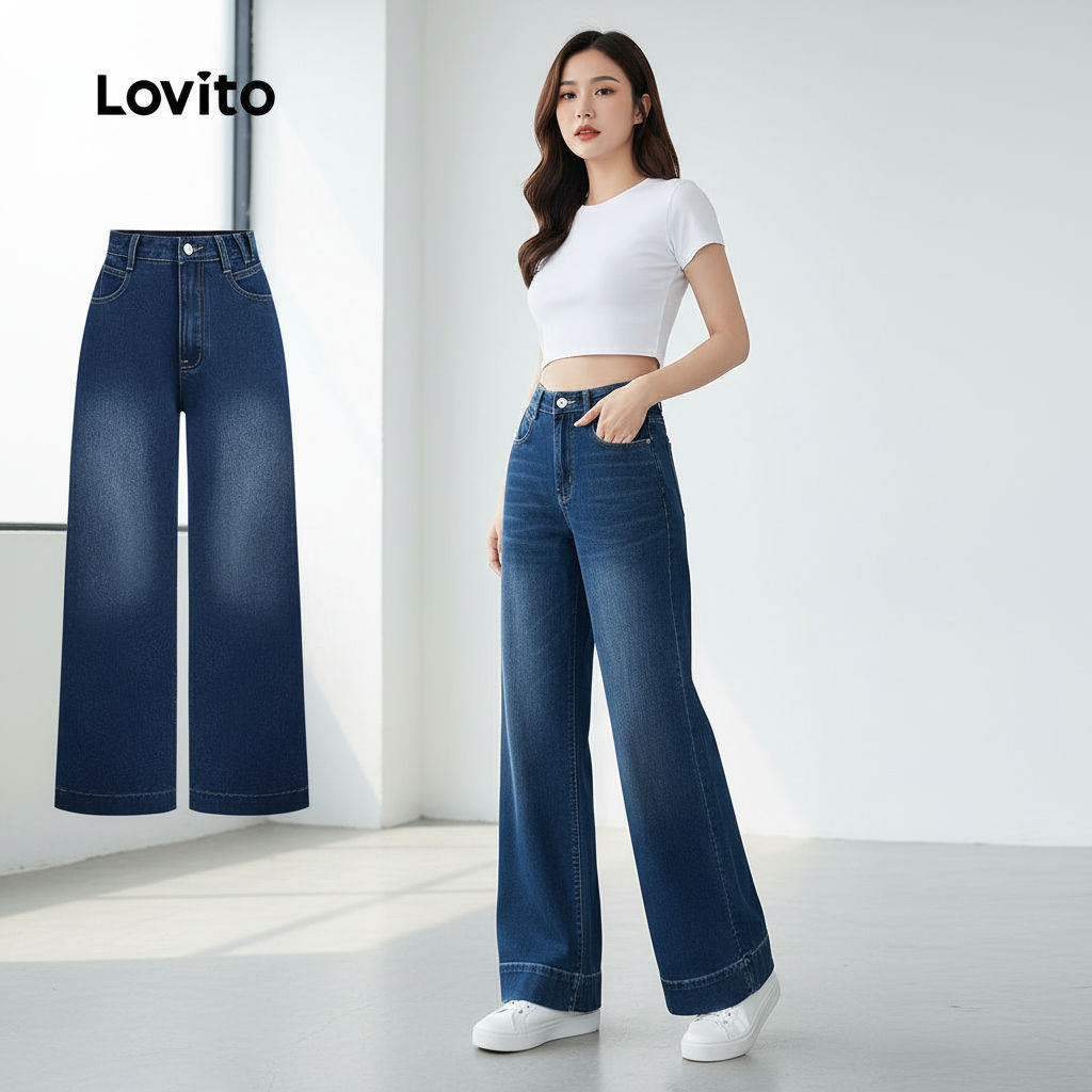 Lovito Calça Jeans Feminina Azul Cinza com Textura Lavada para Primavera Verão L165ED1326 em Oferta na Shopee