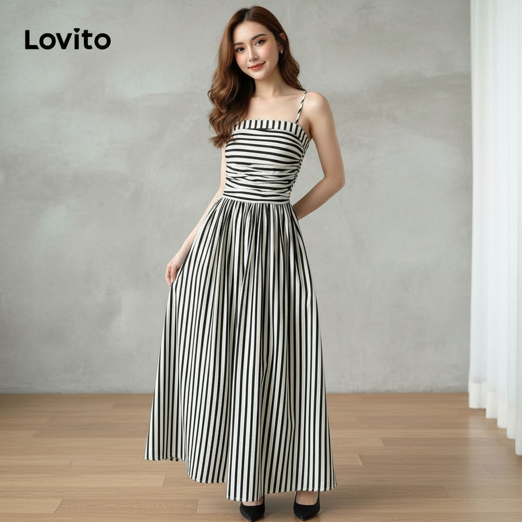 Lovito Vestido Franzido Listrado Primavera Verão Para Mulheres L121MD302 em Oferta na Shopee