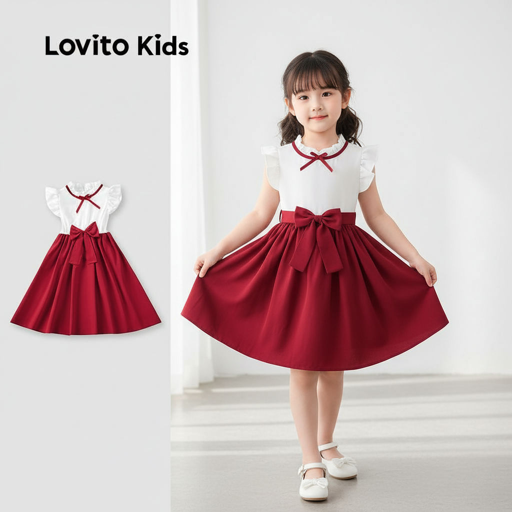 Lovito Vestido Vermelho para Menina com Volante e Laço, Primavera/Verão, Ideal para Natal e Ano Novo L162LD277 em Oferta na Shopee