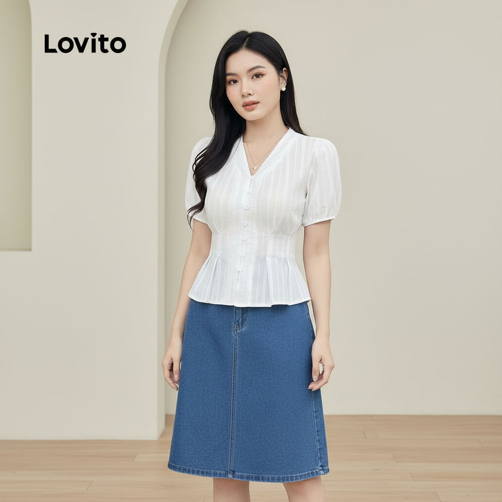 Lovito Blusa Feminina Casual Plissada Botões Lisos L125AD231